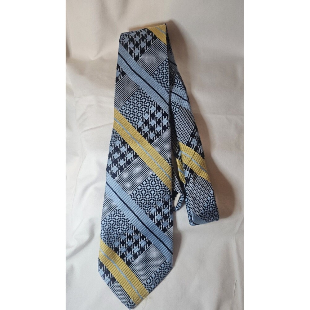 Vintage 70s Mark Of California Mens Tie Multi Pattern Navy, Yellow, Sky Blue